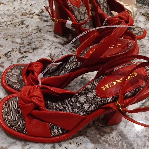 COACH Quincey Signature Logo Ankle Strap Dress Sandals Red Leather NEW - Picture 3 of 14